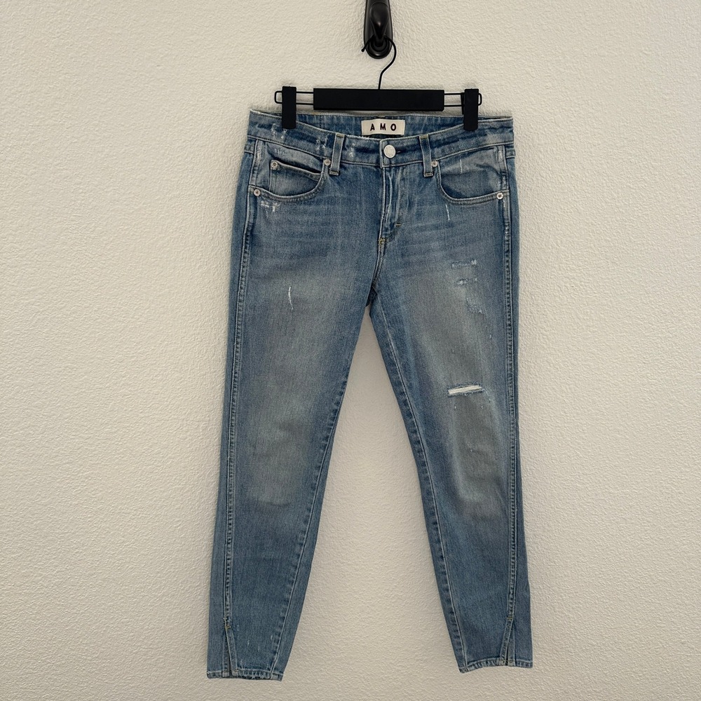 AMO Twist Sweet Cheeks Jeans‎ 28 Blue Distressed Split Hem Denim Capsule Minimal